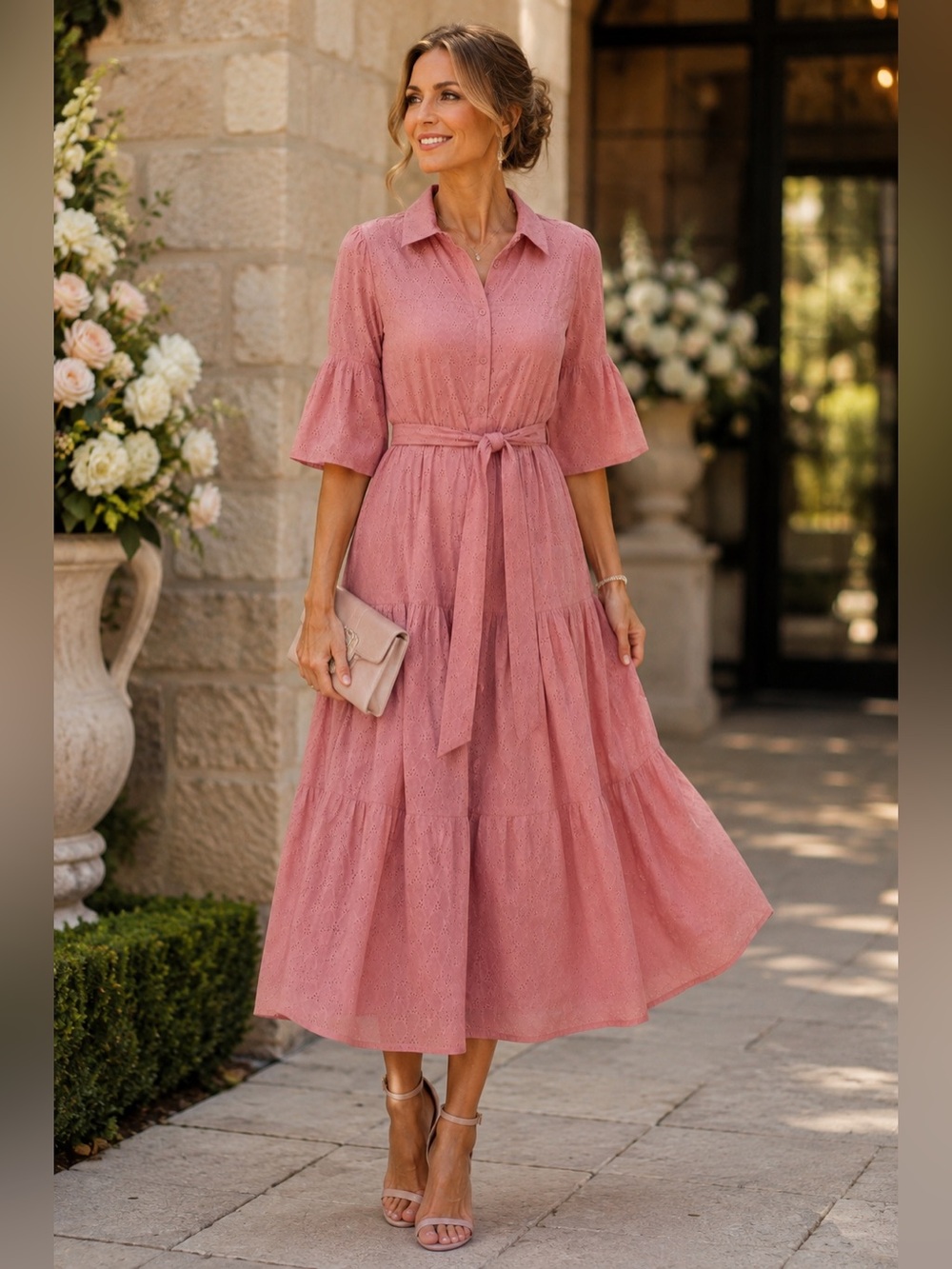 Avec Les Filles Pink Eyelet Tie Waist Shirtdress - Button Front Midi Dress
